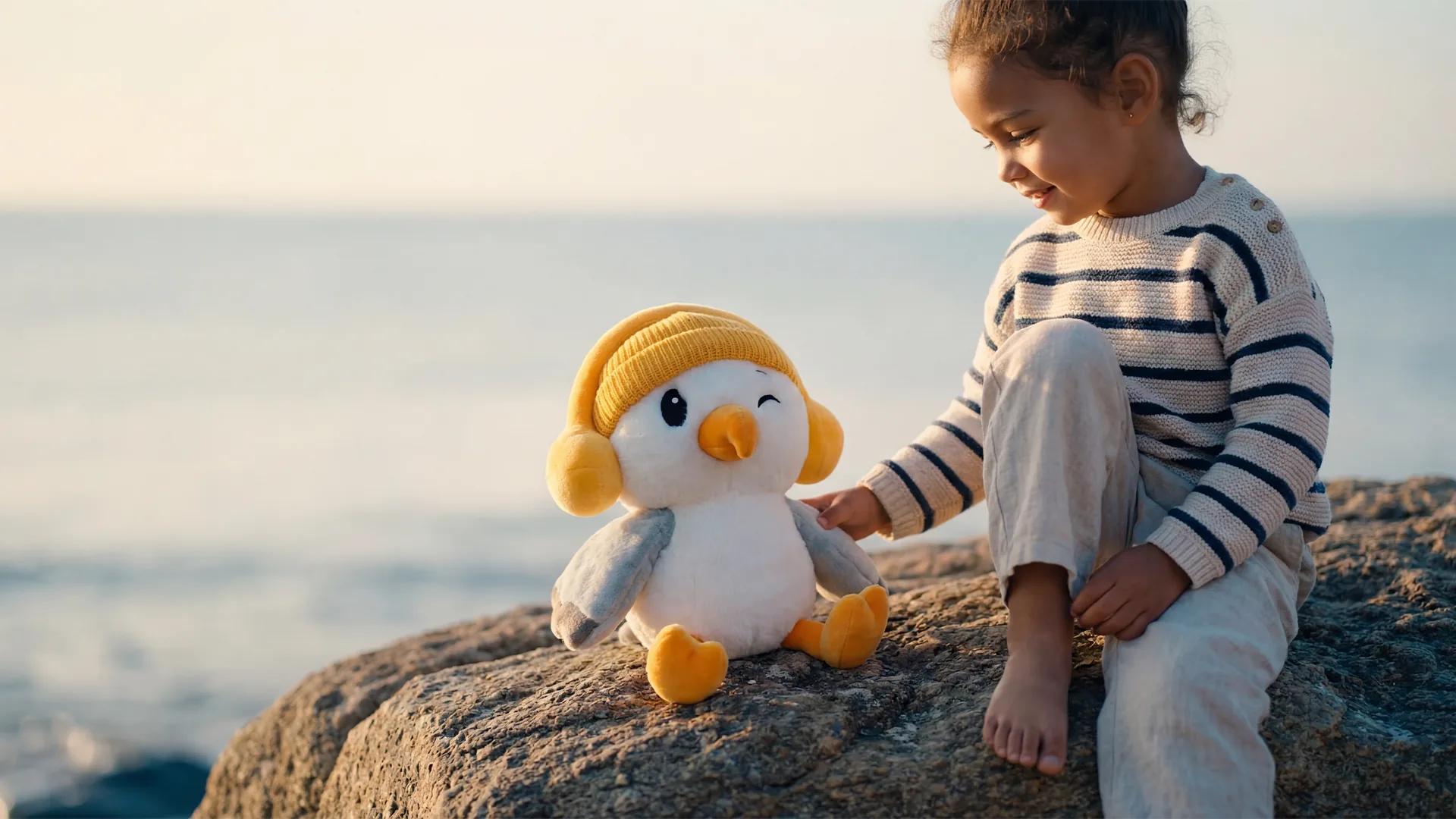 Un enfant et Josie la mouette assis sur un rocher face à la mer