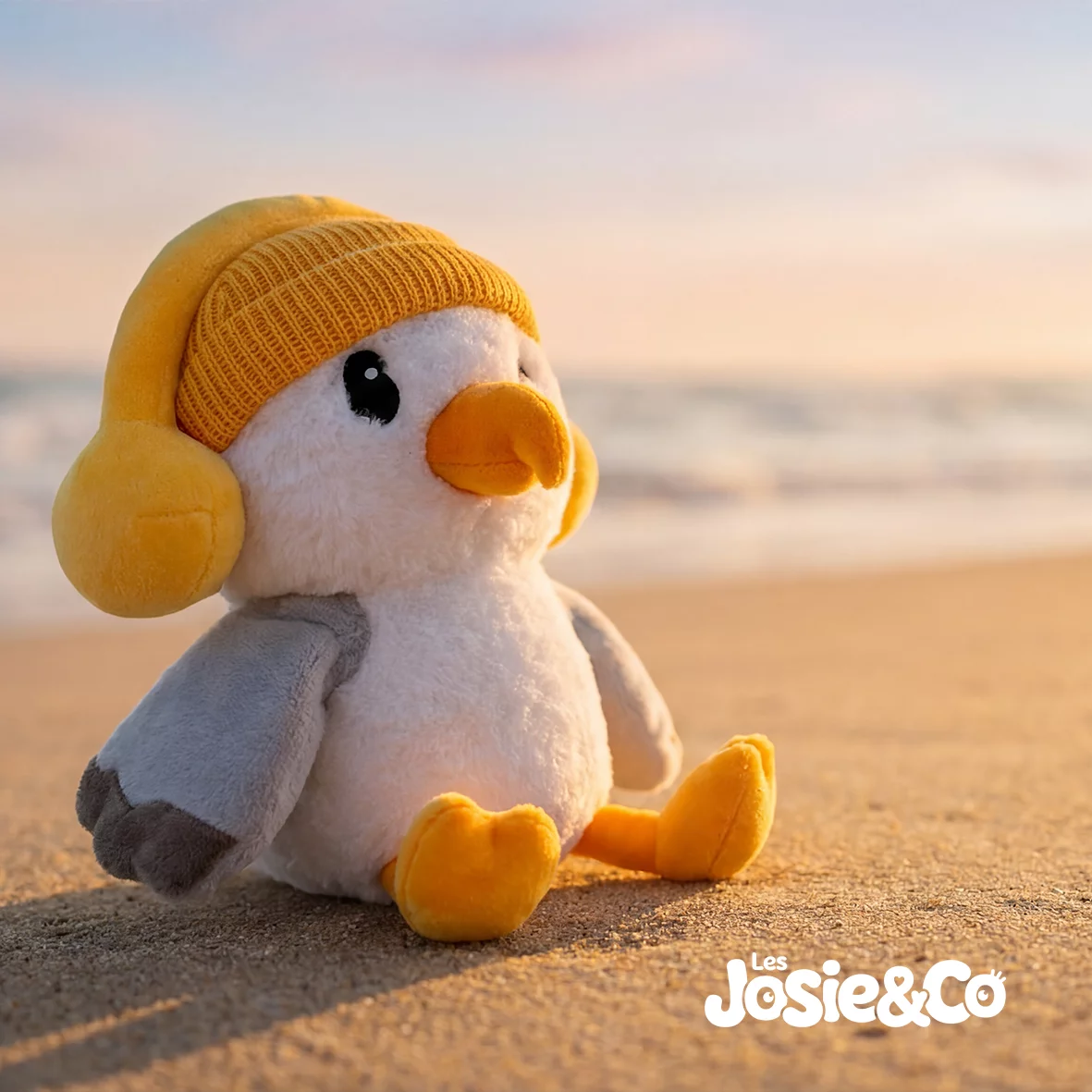 Peluche Josie la Mouette assise sur le sable face à l'océan, au coucher du soleil