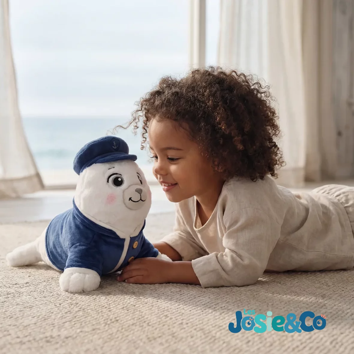 Une enfant allongée sur un tapis sourit face à la peluche La Ptite Annick, la mer derrière la fenêtre